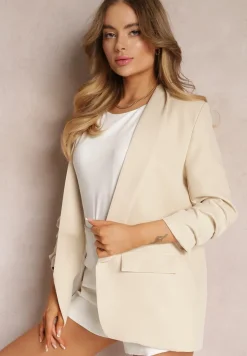 Jasnobeżowa Marynarka Niezapinana z Marszczonymi Rękawami Orolea