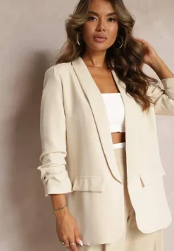 Jasnobeżowa Marynarka Niezapinana z Marszczonymi Rękawami Orolea