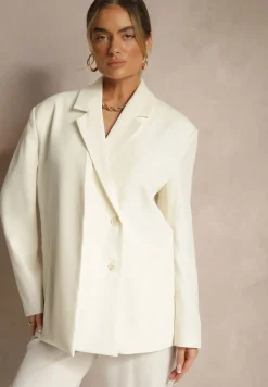 Jasnobeżowa Marynarka o Pudełkowym Kroju Usztywnionymi Ramionami Sonarieta