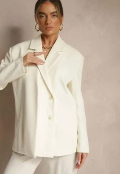 Jasnobeżowa Marynarka o Pudełkowym Kroju Usztywnionymi Ramionami Sonarieta