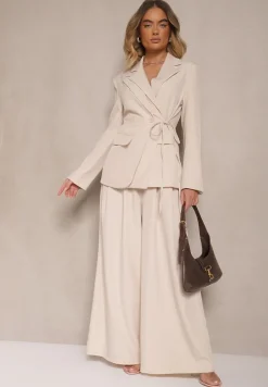 Jasnobeżowa Marynarka Ozdobiona Wiązaniem z Boku Lunorisa