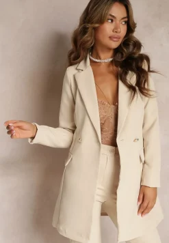 Jasnobeżowa Marynarka Taliowana Dwurzędowa Swal