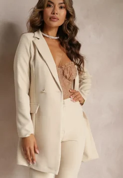 Jasnobeżowa Marynarka Taliowana Dwurzędowa Swal