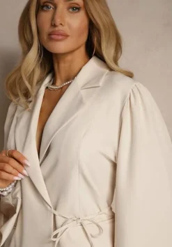 Jasnobeżowa Marynarka z Rozszerzanymi Rękawami Zdobiona Wiązaniem z Boku Sanivera