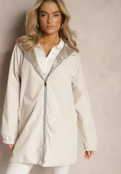 Jasnobeżowa Metaliczna Kurtka Dwustronna z Kapturem Amsera