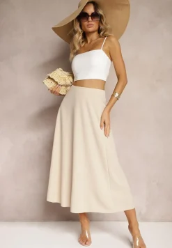 Jasnobeżowa Midi Spódnica Rozkloszowana o Klasycznym Fasonie Namettia