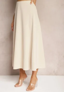 Jasnobeżowa Midi Spódnica Rozkloszowana o Klasycznym Fasonie Namettia