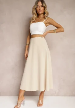 Jasnobeżowa Midi Spódnica Rozkloszowana o Klasycznym Fasonie Namettia