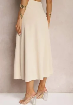 Jasnobeżowa Midi Spódnica Rozkloszowana o Klasycznym Fasonie Namettia