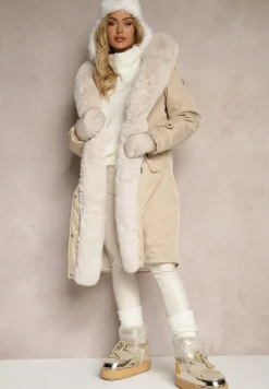 Jasnobeżowa Ocieplana Kurtka Parka z Kapturem i Ściągaczem w Pasie Semilaura