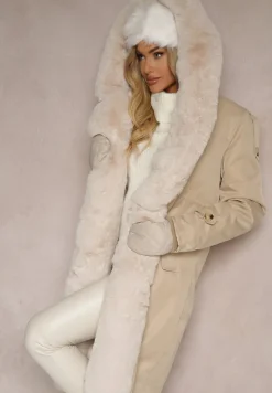 Jasnobeżowa Ocieplana Kurtka Parka z Kapturem i Ściągaczem w Pasie Semilaura