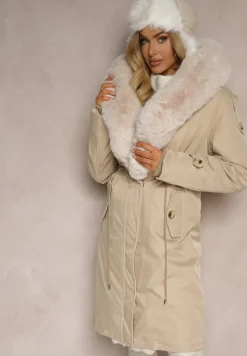 Jasnobeżowa Ocieplana Kurtka Parka z Kapturem i Ściągaczem w Pasie Semilaura
