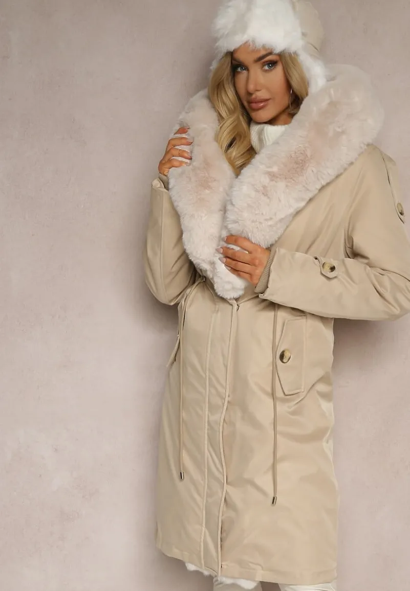 Jasnobeżowa Ocieplana Kurtka Parka z Kapturem i Ściągaczem w Pasie Semilaura