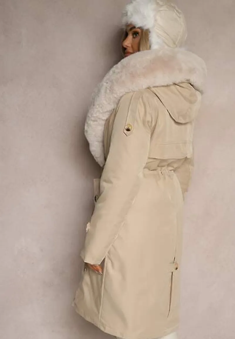 Jasnobeżowa Ocieplana Kurtka Parka z Kapturem i Ściągaczem w Pasie Semilaura