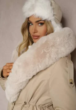 Jasnobeżowa Ocieplana Kurtka Parka z Kapturem i Ściągaczem w Pasie Semilaura