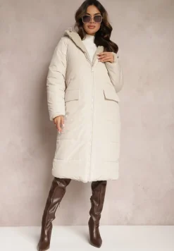 Jasnobeżowa Ocieplana Kurtka Płaszcz Dwustronna z Kapturem Arisce