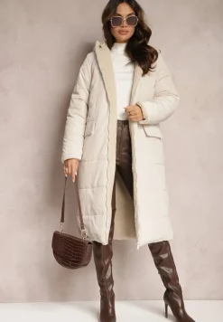 Jasnobeżowa Ocieplana Kurtka Płaszcz Dwustronna z Kapturem Arisce