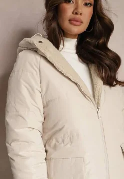 Jasnobeżowa Ocieplana Kurtka Płaszcz Dwustronna z Kapturem Arisce