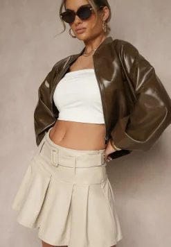 Jasnobeżowa Ocieplana Rozkloszowana Spódnica High Waist o Plisowanym Kroju z Ekoskóry z Paskiem Asitha