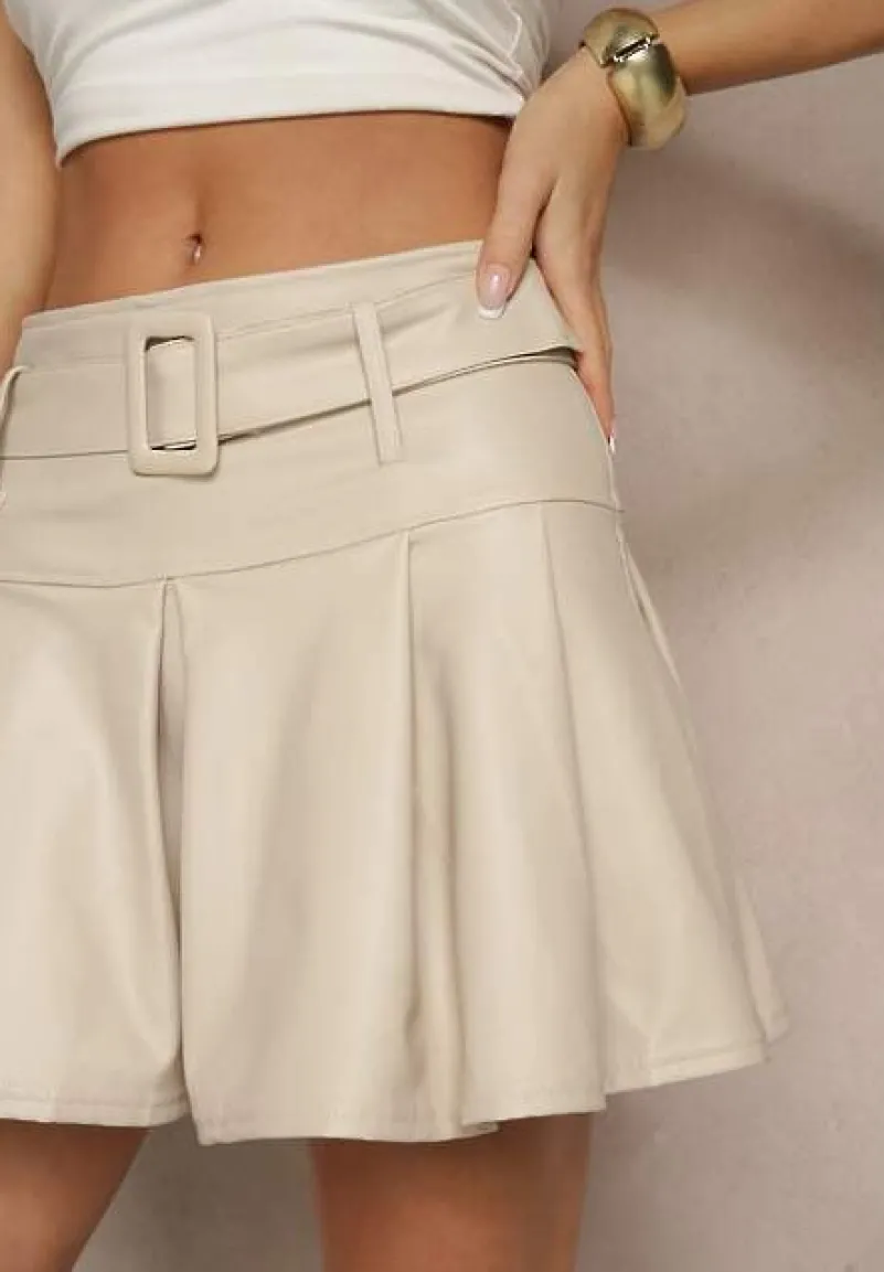 Jasnobeżowa Ocieplana Rozkloszowana Spódnica High Waist o Plisowanym Kroju z Ekoskóry z Paskiem Asitha