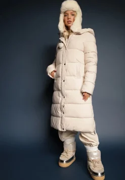 Jasnobeżowa Pikowana Długa Kurtka Płaszcz z Kapturem i Napami Tisima