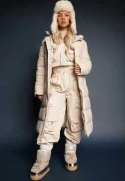 Jasnobeżowa Pikowana Długa Kurtka Płaszcz z Kapturem i Napami Tisima