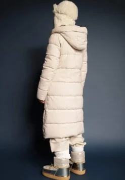 Jasnobeżowa Pikowana Długa Kurtka Płaszcz z Kapturem i Napami Tisima