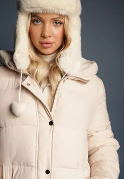 Jasnobeżowa Pikowana Długa Kurtka Płaszcz z Kapturem i Napami Tisima