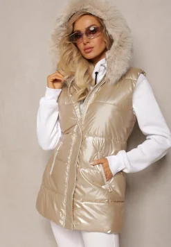 Jasnobeżowa Pikowana Kamizelka z Kapturem i Ozdobnym Futerkiem Alephne