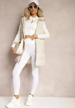 Jasnobeżowa Pikowana Kamizelka z Kapturem i Napami Dinesta