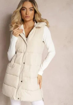 Jasnobeżowa Pikowana Kamizelka z Kapturem i Napami Dinesta