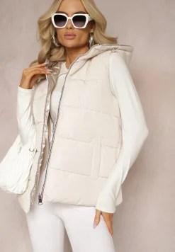 Jasnobeżowa Pikowana Kamizelka Bezrękawnik z Pikowanej i Dwustronnej Tkaniny Erinea