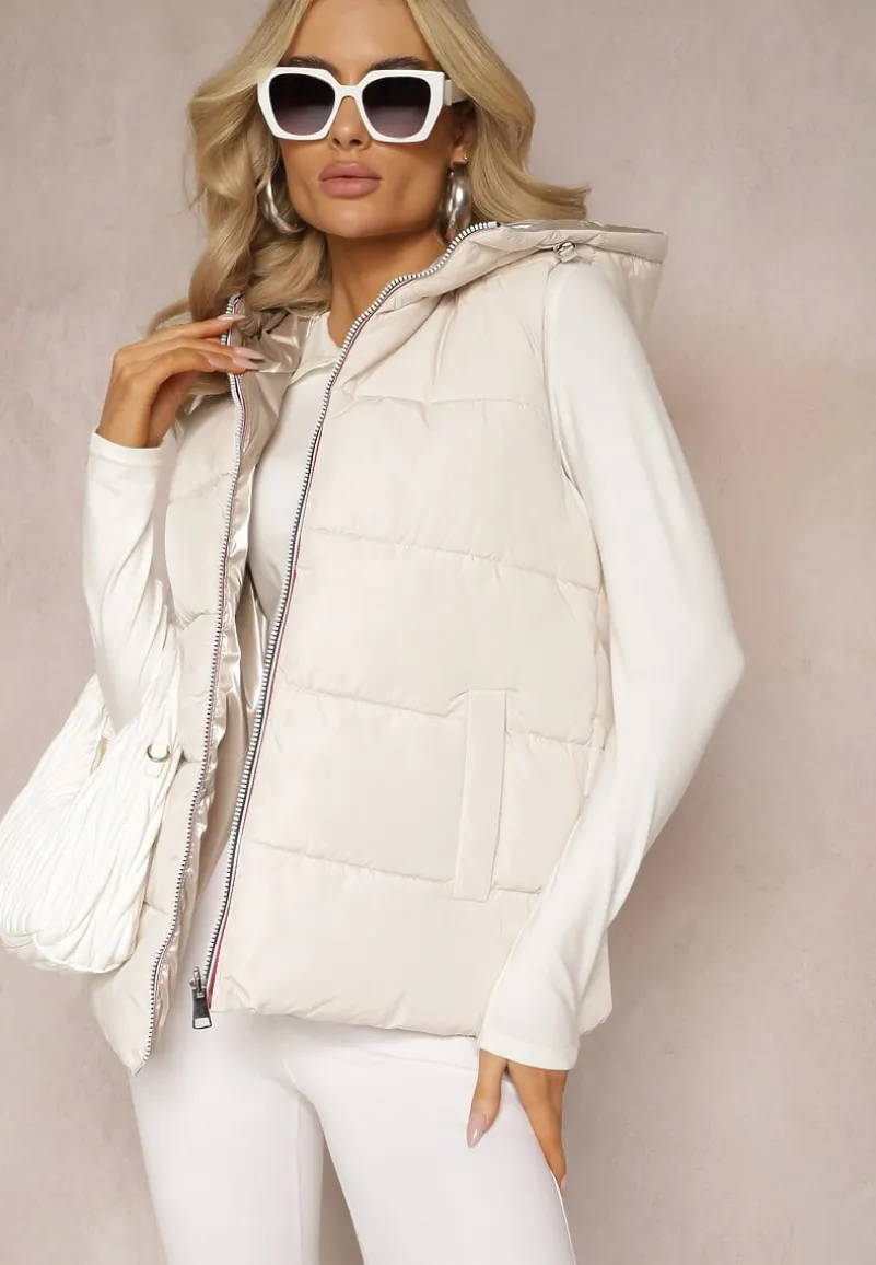 Jasnobeżowa Pikowana Kamizelka Bezrękawnik z Pikowanej i Dwustronnej Tkaniny Erinea