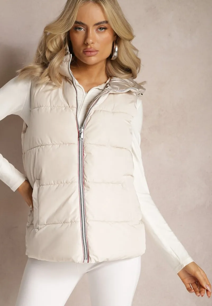 Jasnobeżowa Pikowana Kamizelka Bezrękawnik z Pikowanej i Dwustronnej Tkaniny Erinea