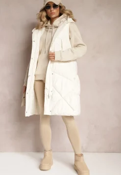 Jasnobeżowa Pikowana Kamizelka o Długim Kroju z Nieodpinanym Kapturem Naiarres