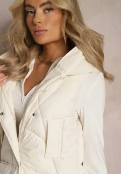 Jasnobeżowa Pikowana Kamizelka o Długim Kroju z Nieodpinanym Kapturem Naiarres