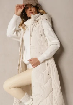 Jasnobeżowa Pikowana Kamizelka ze Ściągaczem w Talii i Kapturem z Możliwością Odpięcia Aminstina