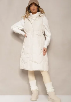 Jasnobeżowa Pikowana Kamizelka ze Ściągaczem w Talii i Kapturem z Możliwością Odpięcia Aminstina