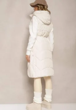 Jasnobeżowa Pikowana Kamizelka ze Ściągaczem w Talii i Kapturem z Możliwością Odpięcia Aminstina