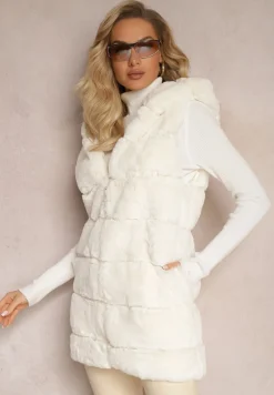 Jasnobeżowa Pikowana Kamizelka z Futerka z Kapturem i Kieszeniami Albarosa