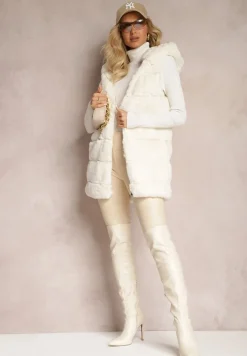 Jasnobeżowa Pikowana Kamizelka z Futerka z Kapturem i Kieszeniami Albarosa