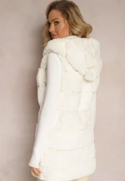 Jasnobeżowa Pikowana Kamizelka z Futerka z Kapturem i Kieszeniami Albarosa