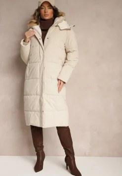 Jasnobeżowa Pikowana Kurtka o Długim Kroju z Odpinanym Kapturem i Kieszeniami Etanore
