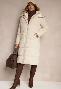 Jasnobeżowa Pikowana Kurtka o Długim Kroju z Odpinanym Kapturem i Kieszeniami Etanore