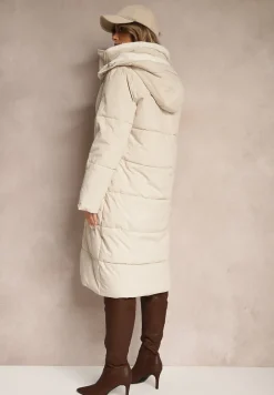 Jasnobeżowa Pikowana Kurtka o Długim Kroju z Odpinanym Kapturem i Kieszeniami Etanore