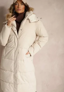 Jasnobeżowa Pikowana Kurtka o Długim Kroju z Odpinanym Kapturem i Kieszeniami Etanore