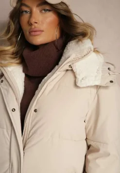 Jasnobeżowa Pikowana Kurtka o Długim Kroju z Odpinanym Kapturem i Kieszeniami Etanore