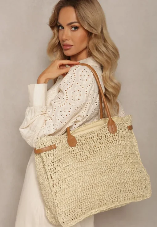 Jasnobeżowa Pleciona Torebka o Dużym Fasonie Tote w Stylu Boho Emerria
