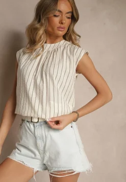 Jasnobeżowa Prążkowana Bluzka z Lnu i Bawełny o Prostym Kroju Bez Rękawów Talinossa