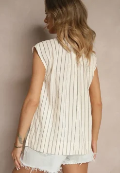 Jasnobeżowa Prążkowana Bluzka z Lnu i Bawełny o Prostym Kroju Bez Rękawów Talinossa